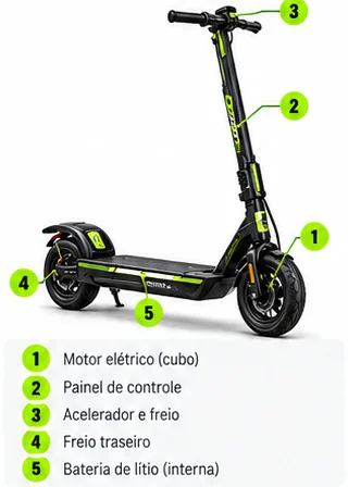 Patinete elétrico com as peças principais identificadas: Motor, Bateria, Acelerador, Painel, Freios, Rodas