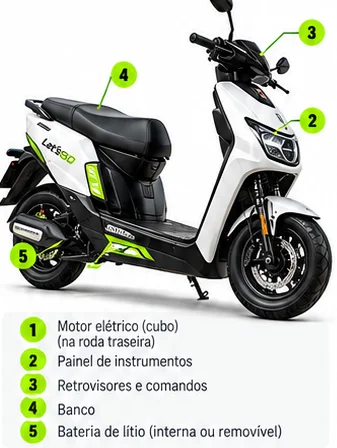Scooter elétrica com as peças principais identificadas: Motor elétrico, Bateria, Painel de instrumentos, Freios, Suspensão, Pneus